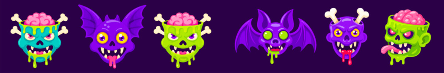 Cartoon monster Halloween characters for spooky season designs for sticker, t-shirt, logo, poster, banner, card, clipart. Vector cartoon monster heads made of bones and slime, pink brain visible