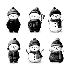 Winter snowmen in attire celebrate holiday cheer and joy during a snowy day