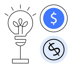 Light bulb with plant symbolizes innovation. Blue dollar coin and outlined coin suggest profit, growth, and investments. Ideal for business, finance, innovation, sustainability, creativity success