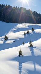 Snowy landscape with trees and shadows