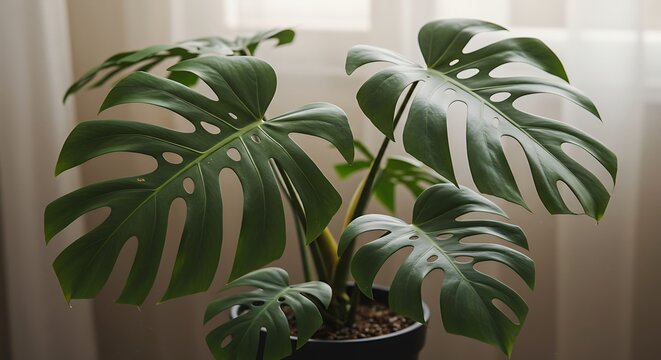 Large monstera deliciosa plant with lush green leaves indoor decor