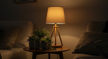 Elegant table lamp illuminates cozy interior with greenery and soft lighting
