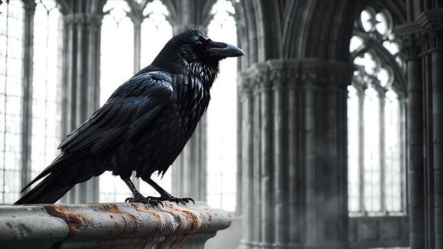 Majestic Raven Perched on Stone Balustrade in Gothic Cathedral Interior Dramatic Dark Cinematic Footage