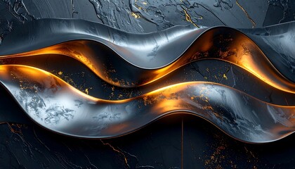 Abstract wavy metallic forms in dark background with golden highlights