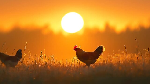 Two chickens silhouetted against a vibrant sunrise