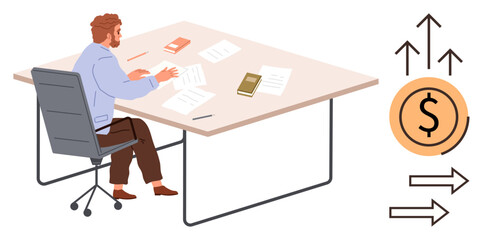 Man seated at desk sorting papers and books, accompanied by symbols of financial progress with arrows and currency. Ideal for productivity, finance, strategy, business growth, decision-making