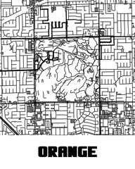 Clean highway map of Orange, California — stylized PNG format with clear road network. Ideal for travel, design, or editorial use.