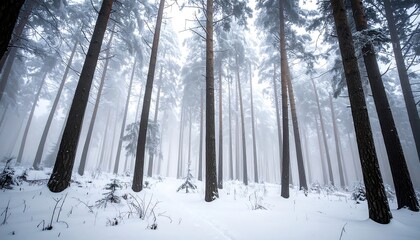 Snowy, misty forest in winter