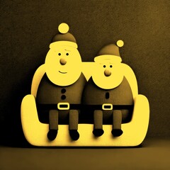 Cozy Santa figures sitting together on a couch during holiday season