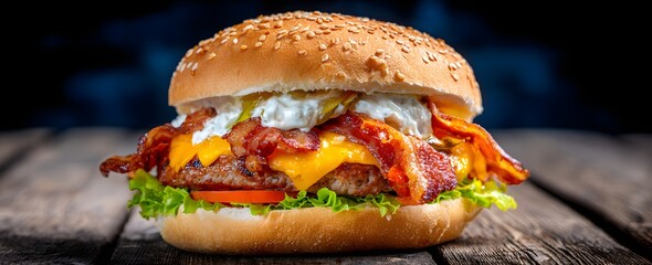 Mouthwatering Stacked Burger Featuring Bacon And Cheese