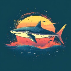 Majestic shark swims beneath sunset over tranquil ocean waters
