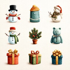 Winter holiday themed illustrations featuring snowmen, a bear, and festive gifts arranged in a grid layout