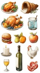 Delicious feast with various foods and drinks displayed on a white background for a festive occasion