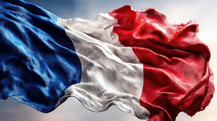 French flag waving against a clear sky during a sunny day symbolizing national pride and unity