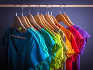 hangers. Colorful clothing arranged on wooden hangers in soft rainbow tones, minimalist studio setting. lifestyle magazines, social media look books, designed for influencer and brand collaborations.