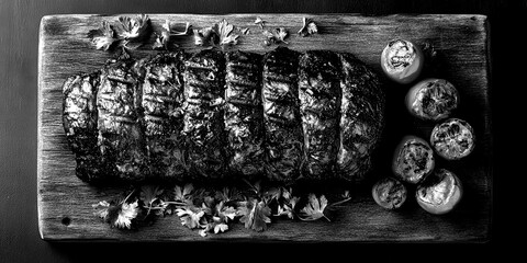 Savory grilled steak served on a rustic wooden board with roasted tomatoes and fresh cilantro
