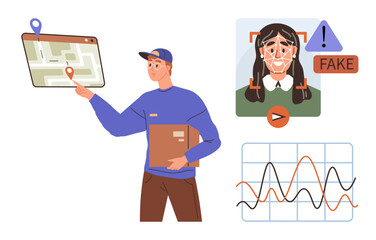 Courier pointing at digital map for route planning while holding a package. Includes facial verification warning, graph analysis. Ideal for logistics, security, technology, navigation, AI, fraud
