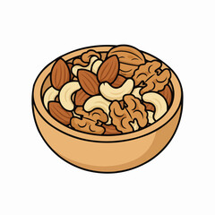 Vector illustration of a wooden bowl filled with a variety of mixed nuts and seeds healthy snack