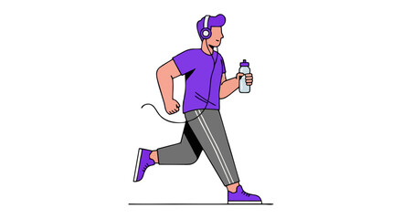 A young man in sportswear running while listening to music with headphones and holding a water bottle.