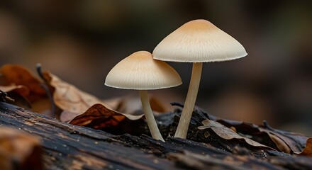 Mushrooms growing on a log close up shot with natural lighting