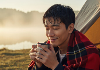 Content and relaxed young man enjoying hot morning drink by lakeside campsite wrapped in warm plaid blanket peaceful outdoor adventure brings calm and mindfulness at sunrise