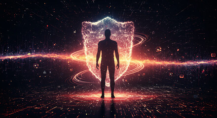 Human silhouette surrounded by a transparent quantum shield, protecting personal data from cyberattacks in a digital universe