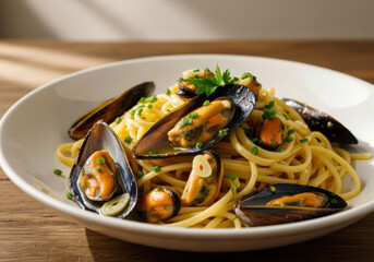 Delicious spaghetti with fresh mussels garnished with parsley and chives on white plate in warm natural light, elegant seafood pasta dish with aromatic herbs for gourmet meal