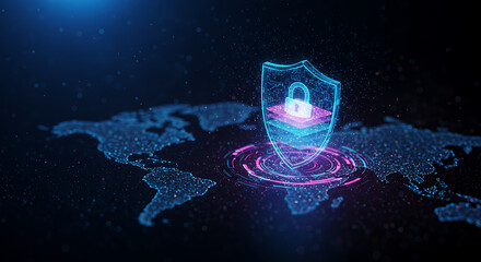 Futuristic quantum firewall interface protecting global data streams, glowing encryption layers forming a digital shield, cyber defense concept, dark background with neon blue and violet tones