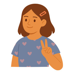 Vector illustration of girl showing peace hand gesture, flat cartoon doodle style isolated.