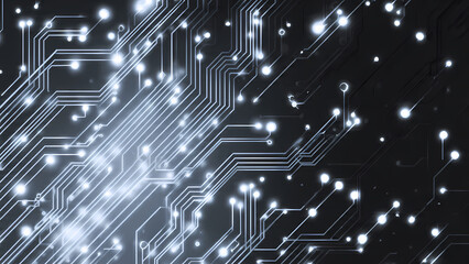 Dark and Mysterious Circuit Board Background with Glowing Stars and Digital Elements