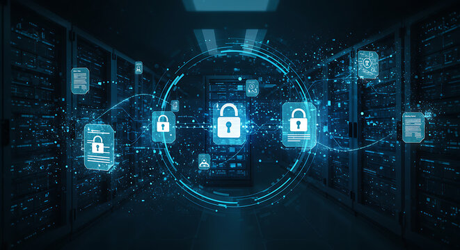 Conceptual illustration of quantum-compliant data privacy infrastructure, combining legal documents, secure servers, and encrypted data flow, symbolizing future regulations