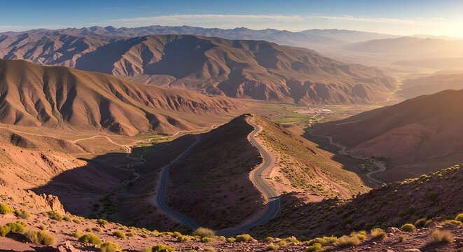 Scenic mountain range landscape with winding road under bright sunlight