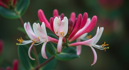 Close up of vibrant pink and white honeysuckle blossoms in natural sunlight