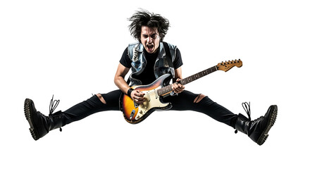 Rockstar in Mid-Air: A dynamic young musician in a denim vest captivates with electrifying energy as he leaps while strumming a guitar.