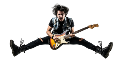 Rockstar in Mid-Air: A dynamic young musician in a denim vest captivates with electrifying energy as he leaps while strumming a guitar.