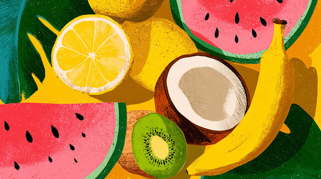 Abstract retro-style cartoon posters featuring juicy tropical fruits banana, coconut, lemon, kiwi, and watermelon - Powered by Adobe