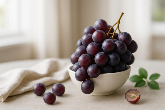 Close-up of a bunch of ripe red grapes in a white bowl with scattered grapes and a sliced piece on a table.
- Powered by Adobe