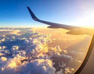 Stunning aerial view of clouds at sunset from an airplane window
