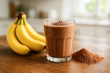 Glass of banana chocolate protein shake with cocoa powder and fresh bananas on wooden table, symbolizing fitness nutrition and healthy eating.

