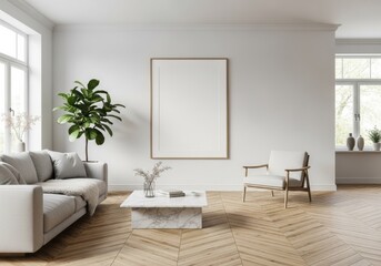 mock up poster frame in modern interior background, living room, Scandinavian style, 3D render, 3D illustration	