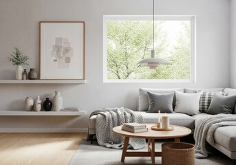 mock up poster frame in modern interior background, living room, Scandinavian style, 3D render, 3D illustration	