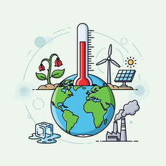 Climate change awareness flat illustration (earth + thermometer)