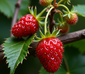 Two ripe red strawberries hanging on a strawberry branch, surrounded by green leaves.
