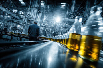 Fototapeta premium Industrial factory scene featuring a lone worker walking along a fast moving conveyor under bright lights, with rows of bottles on a busy assembly line.