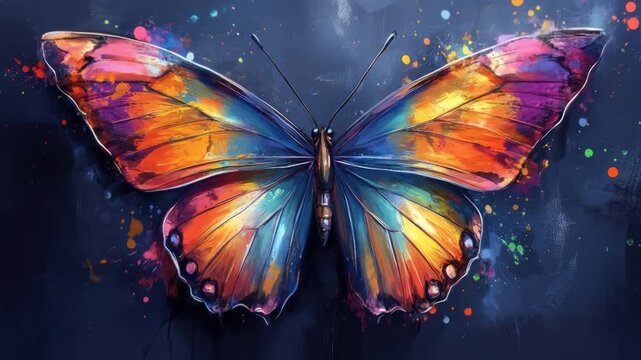 Vibrant butterfly, painted with vibrant colors and texture. Splashes of color on a dark background
