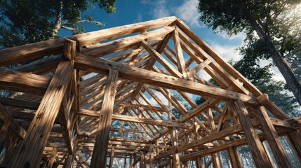 A low-angle shot of a wooden structure in a forest with bright sunlight