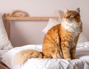 Fluffy ginger cat sits on a white bed