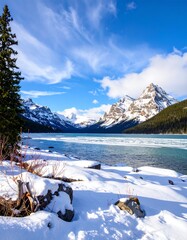 Snowy mountain lake landscape