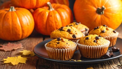 Pumpkin spice muffins on a dark plate, surrounded by pumpkins and autumn leaves