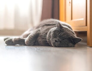 Fluffy gray cat sleeping on light-colored floor